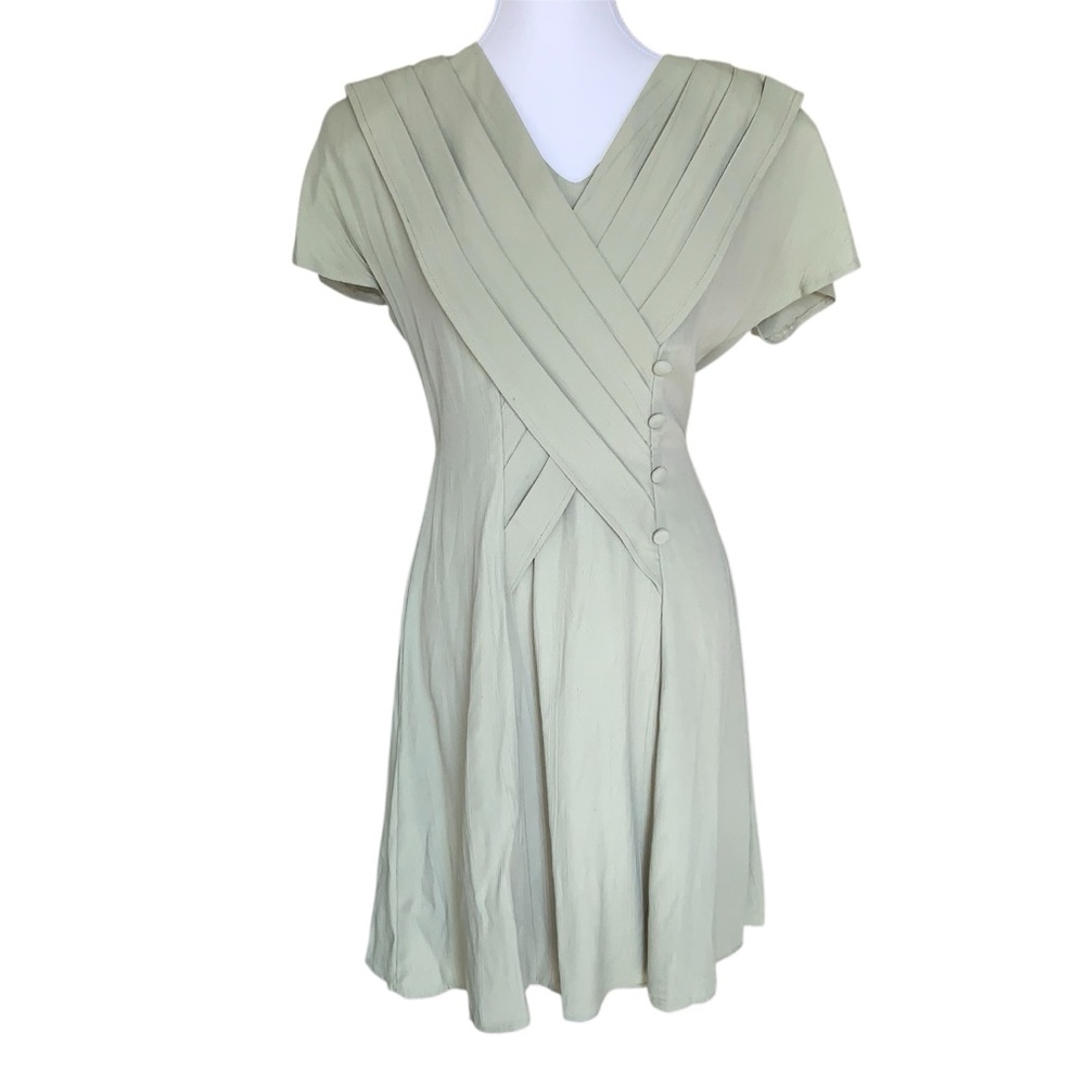 Vintage Piccalino Petites 80’s Green Pleated Shoulder Pads Mini Dress Size 6P
